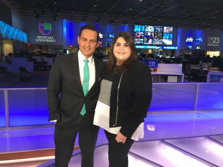 Morella Aguado with a television presenter
